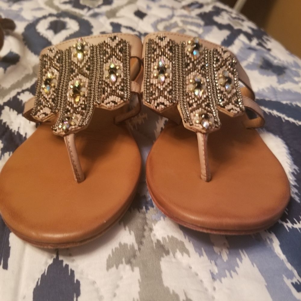 Anthropologie Blush Beaded Embellished Leather Thong Sandals Sz.38/US 7 - Picture 4 of 12